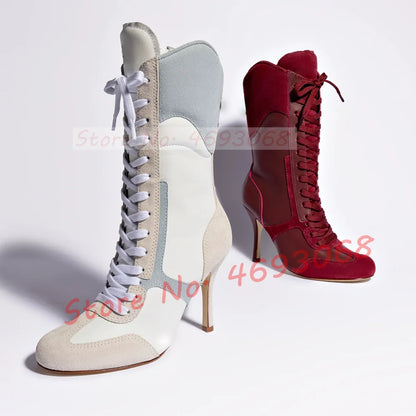 Grey White Splicing Suede Sneaker Boots Women Chic Round Toe Mixed Color High Heels Shoes Women Newest Lace Up Party Ankle Boots