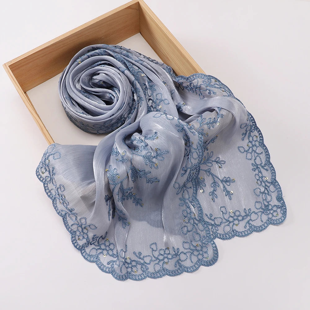 Luxury Sequin Floral Hijab Shimmer Shawl Glitter Shiny Headscarf Elegant Muslim Head Scarf for Wedding Soft Flowy Lace Edge