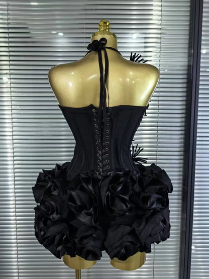 High Quality Black Red Women Sexy Halter Full Florals 2 Pieces Set Bodycon Mini Bandage Dress Celebrate Nightclub Party Wear
