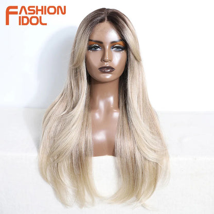 FASHION IDOL 26inch/65cm Straight Hair Lace Front Wigs Synthetic Hair Ombre Blonde Brown Hair Wigs Cosplay Heat Resistant Fiber