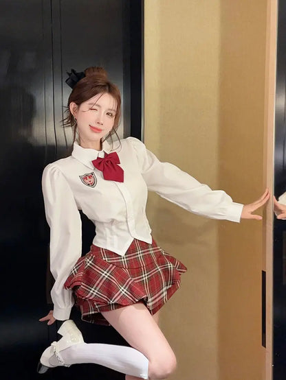 2025 improved cute sexy korea jk suit women autumn jk school uniform women shirt plaid pleated half skirt fashion two-piece set