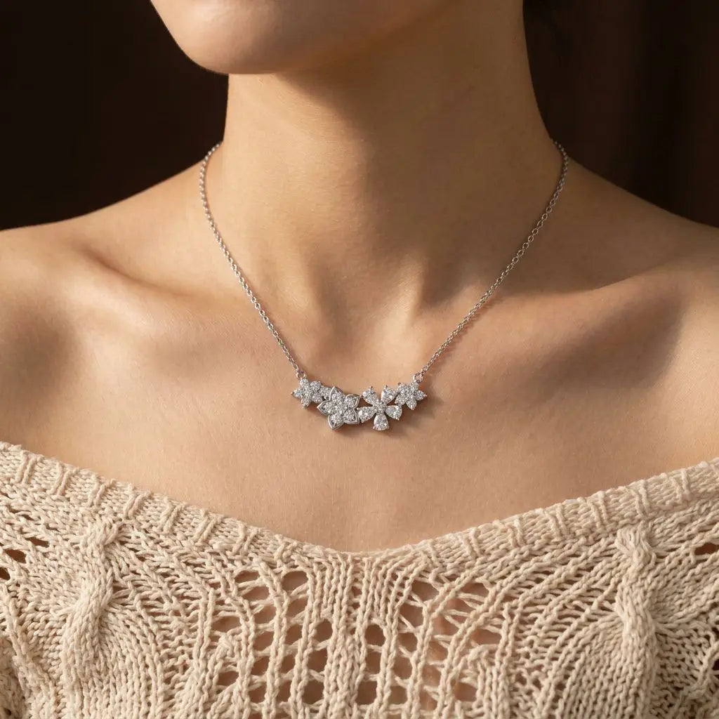 EWYA Floral Cluster Scatter Station Moissanite Necklace S925 Silver V‑Curve Smile Stackable Collarbone Neck Chain Women Gift