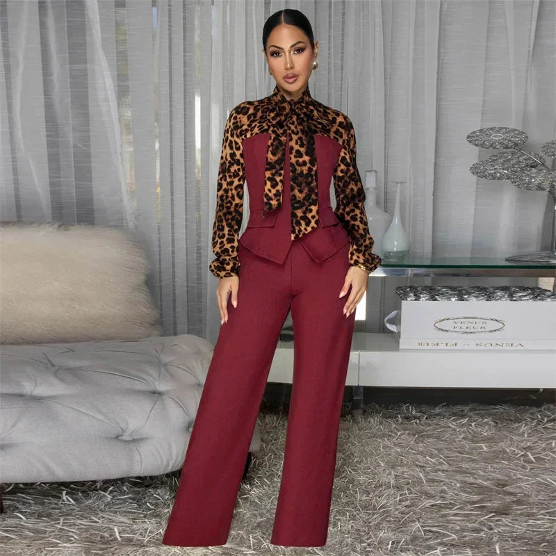 Doyerl Leopard Patchwork Shirt Style Jumpsuits Woman Elegant Vintage Long Sleeve High Waist One Piece Rompers Women Jumpsuit