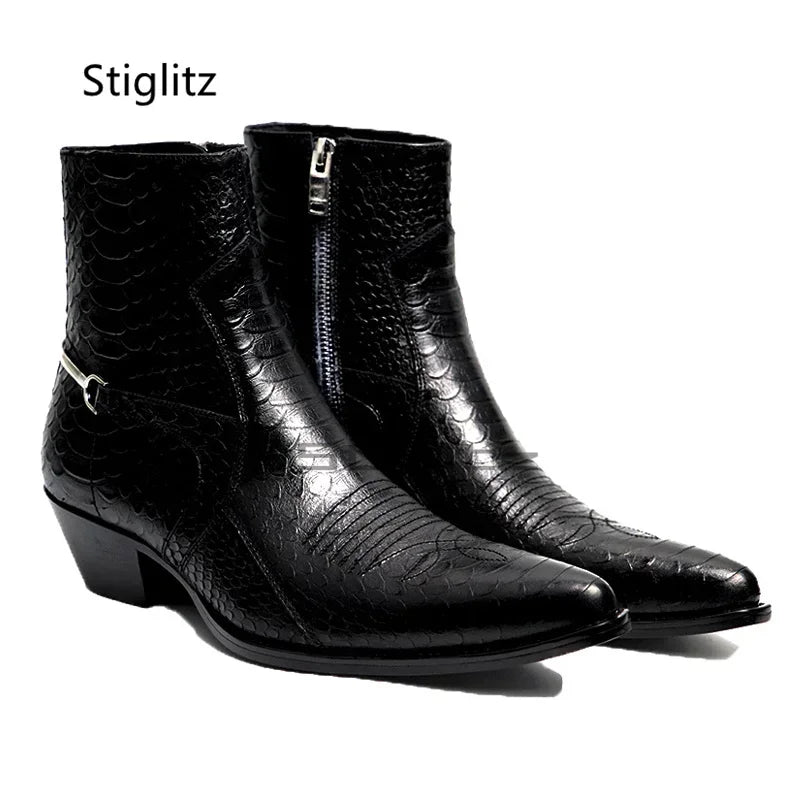 Genuine Leather Embroidery Men's Boots Pointy Chelsea Boots Snakeskin Metal Decor Chunky Heeled Ankle Boots Party Male Shoes