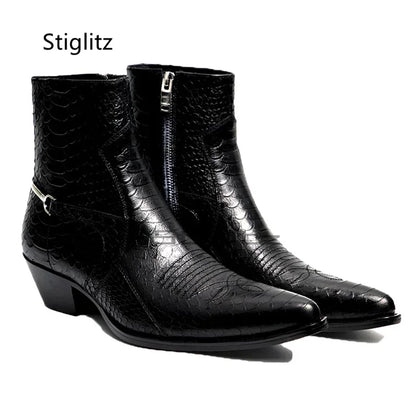Genuine Leather Embroidery Men's Boots Pointy Chelsea Boots Snakeskin Metal Decor Chunky Heeled Ankle Boots Party Male Shoes