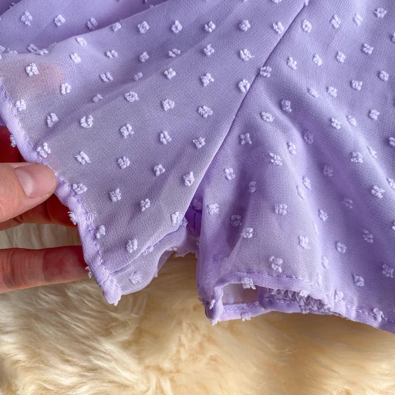 2025 Summer Women Playsuit Polka Dot See Through Thin Beach Rompers Sexy V-neck Short Sleeve Drawstring Sash Slim Waist Overalls