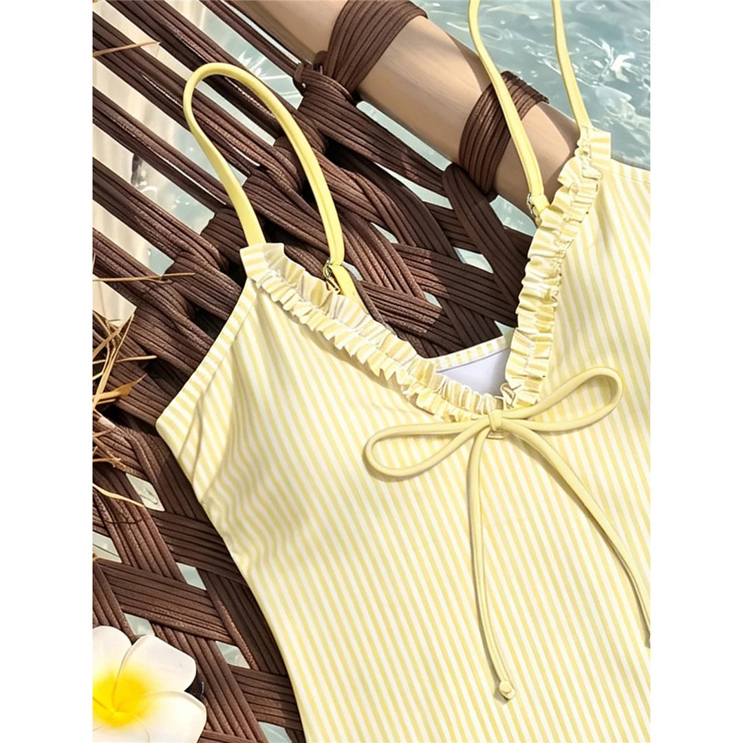S - XL One Piece Swimsuit Female Frilled High Leg Cut Padded Bather Bathing Suit Swim Striped Plaid V Neck Women Swimwear V8288