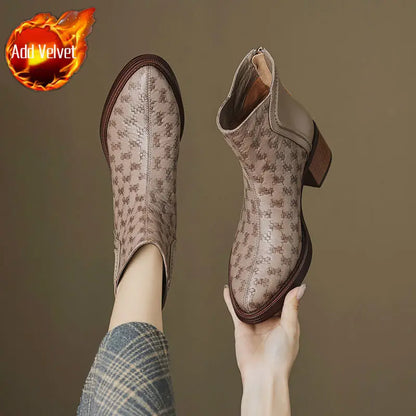 Leather Fleece-Lined Women's Ankle Boots Elegant Luxury Y2k Heeled Female Short Shoes New in Autumn Winter Pointed Toe Booties