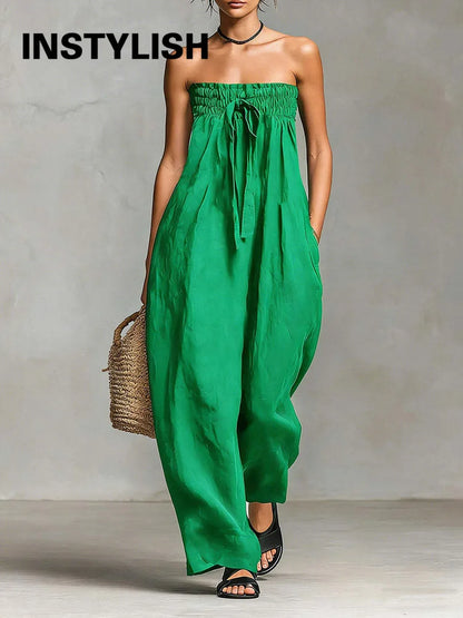 Women Strapless Wide Leg Jumpsuit Casual Cotton Linen Tube Top Romper Summer Beach Long Pants with Pockets Vacation Overalls