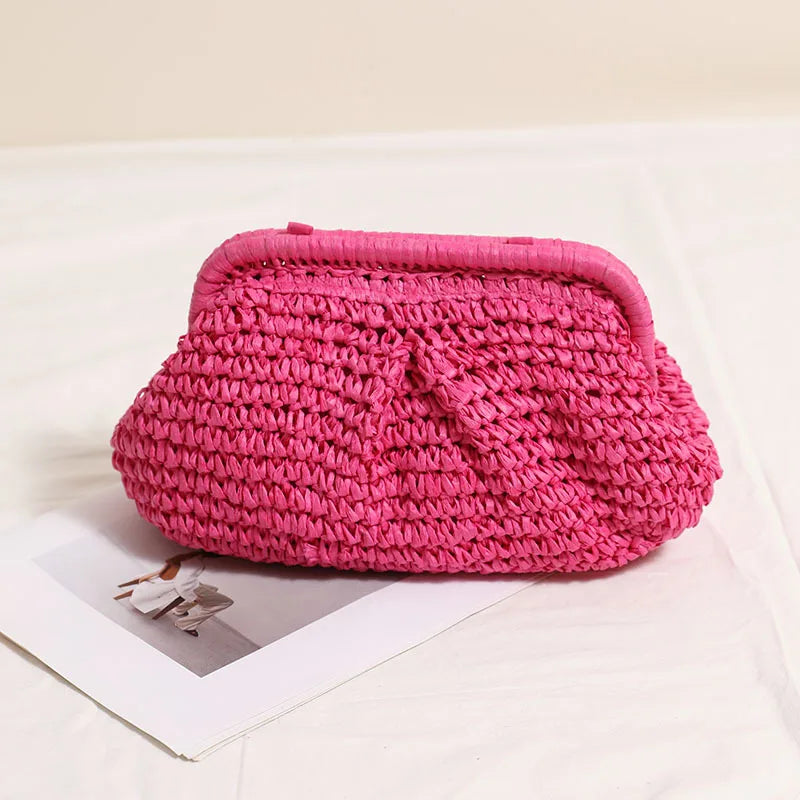 2025 New Women Straw Woven Bag Chain Strap Straw Clutch Purse Large Capacity Stylish Crossbody Bag Solid Color for Summer Beach