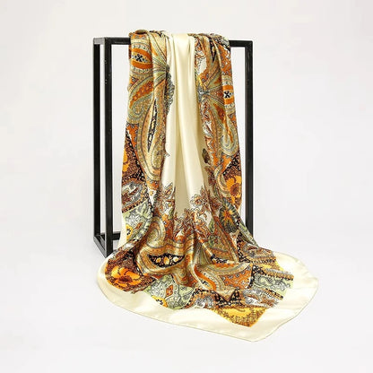 1PCS 90*90cm Square Silk Scarves Women Hijab Shawls Fashion Print Femme Head Scarf Foulard Bandana Beach Pareo