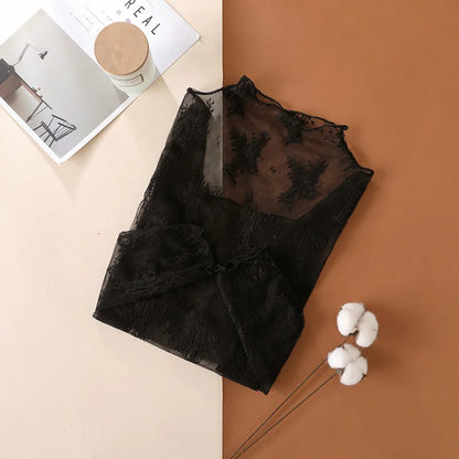 Sexy Women Mesh T-Shirts Transparent Lace Blouse Long Sleeve See Through Tops For Women Bottoming Shirt Sheer Tees Body Crop Top