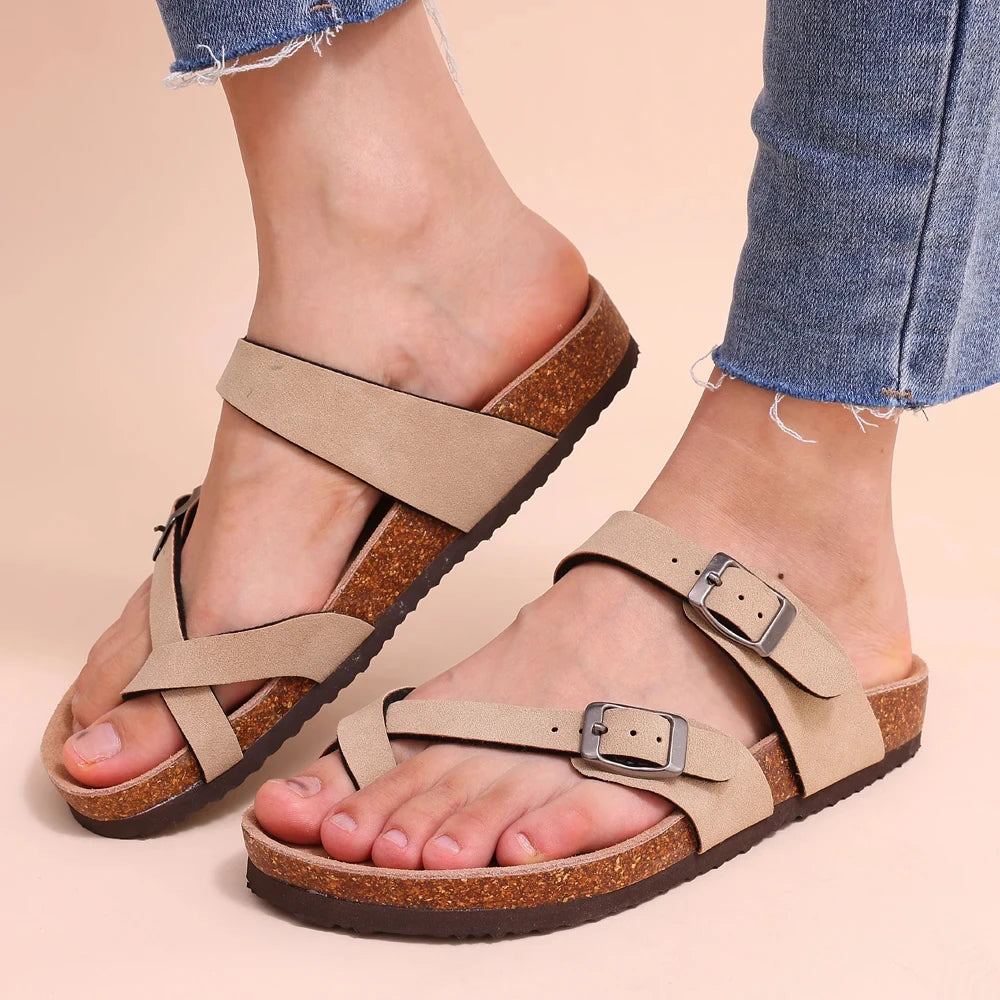 Kidmi New Fashion Women's Sandals Summer Cork Clogs Sandals Classic Women Mules Soft Suede Beach Slides With Adjustable Buckle