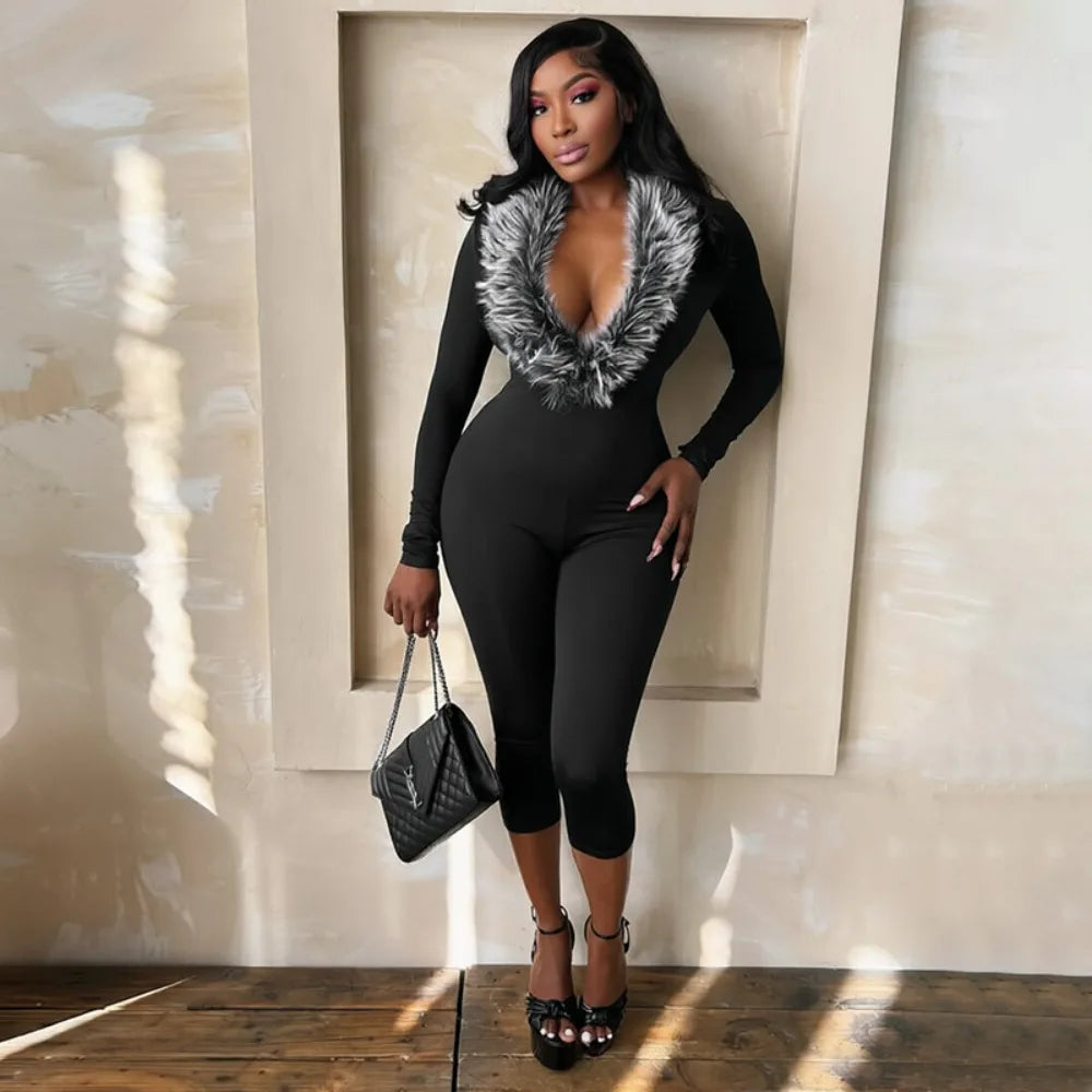 FLARORA Sexy Faux Fur Patchwork Capri Jumpsuits Woman Deep V Neck Full Sleeve Skinny Peach Hip Midnight Party Clubwear Overalls