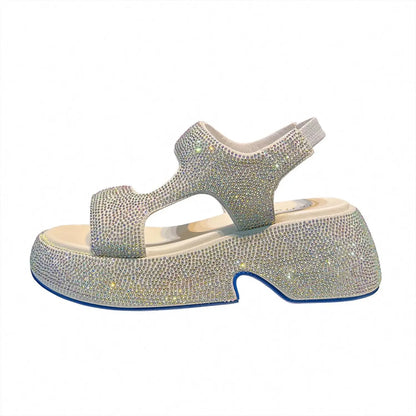 Fashion Luxury Rhinestone Women Sandals Summer New Sheepskin Elastic Band Thick-soled Open-toed Roman Flat Sandals