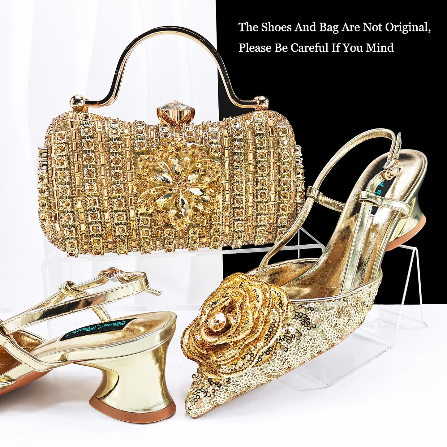 Queena Yan Nigerian Gold Color Party for Women Shoes and Bag Mixed Package Sequins Handbag Italian Design Wedding