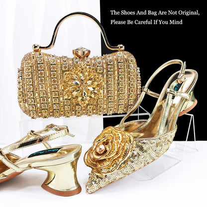 Queena Yan Nigerian Gold Color Party for Women Shoes and Bag Mixed Package Sequins Handbag Italian Design Wedding