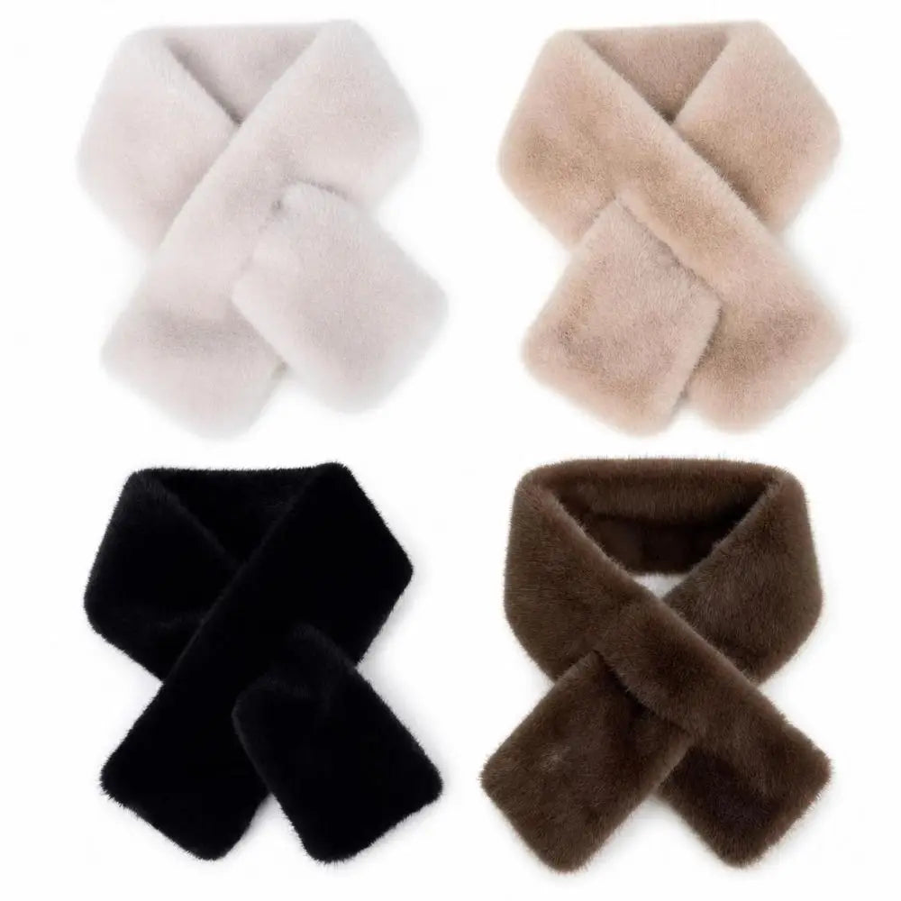 Winter Warm Faux Mink Fur Cross Scarf Solid Color Thickened Neckerchief Wrap Soft Neck Warmer Collar Scarf Autumn Winter