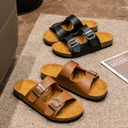 Men's cork slippers, couple's wear, double strap slippers, women's shoes, two buckle, thong sandals, beach shoes