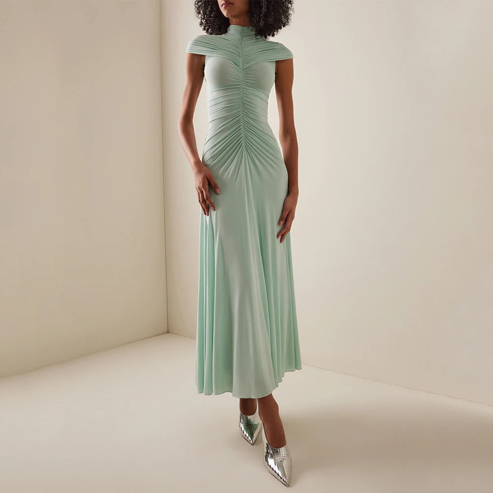 Mint Formal Party Dress Maxi Pleated Spandex Tulle High Collar Mermaid Evening Gowns for Women Cap Sleeve Ankle Length Prom Gown