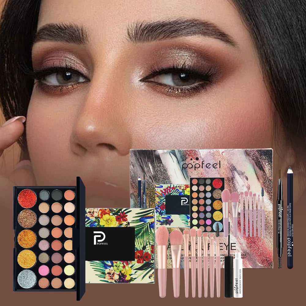Essential Eye Makeup Set for Beginners Matte&Shimmer Eyeshadow Palette, Mascara, Eyebrow Pencil, Lip Eyeliner,Brush Tool Set Box