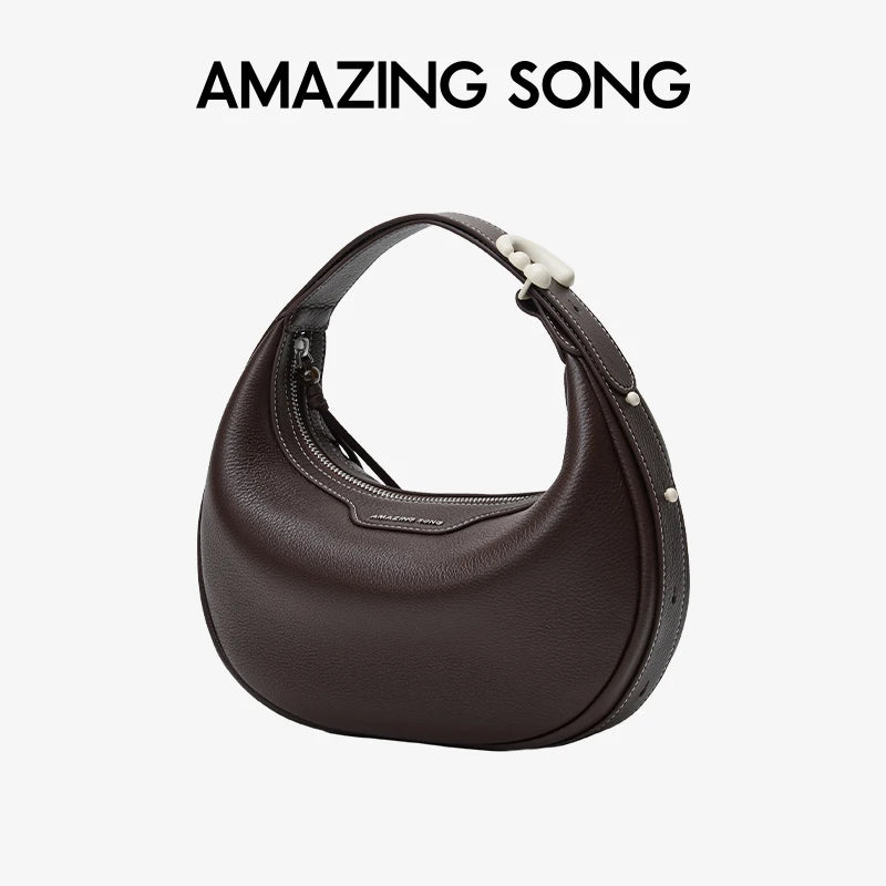 Amazing Song Original Design Half Moon Bag Small Top Grain Leather 2026 New Fashionable Women's Bags