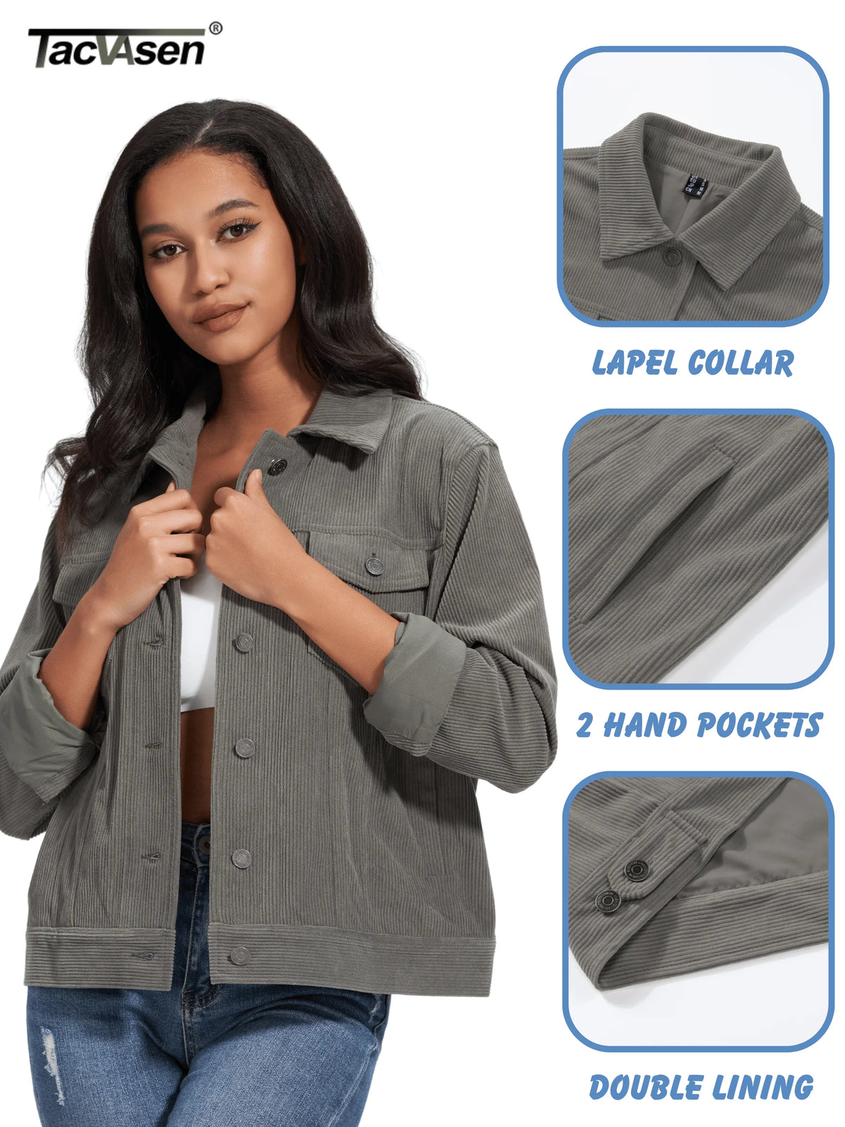 TACVASEN Fashion Corduroy Cargo Jackets Womens Button-Down Soft Warm Casual Outwear Lightweight 4 Pockets Outdoor Workwear Coats