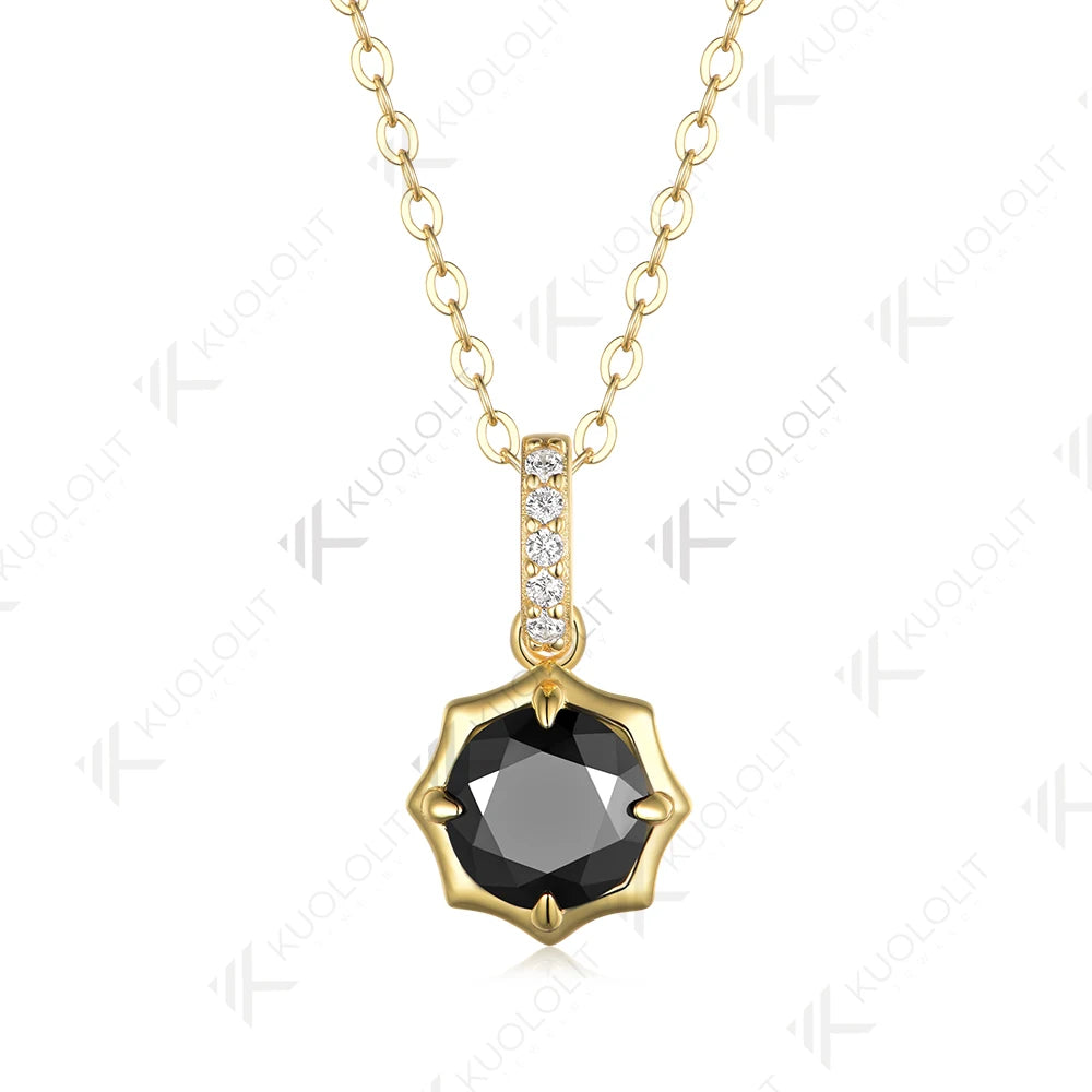 Kuololit 1CT Black Moissanite Necklace for Women Solid 18K 14K 10K 585 Yellow Gold Round Cut Moissanite Penant for Christmas