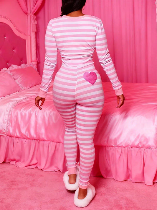 Women Lounge Jumpsuits Long Sleeve Botton Down Stripe Bodycon Pajamas Romper