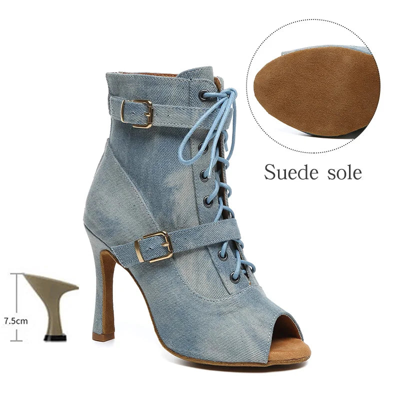 SWDZM New Ladies Dance Shoes Ballroom Dance Boots Denim Jazz Dance Shoes Girls Sexy Pole Dance Ballroom Dance Cowboy Boots