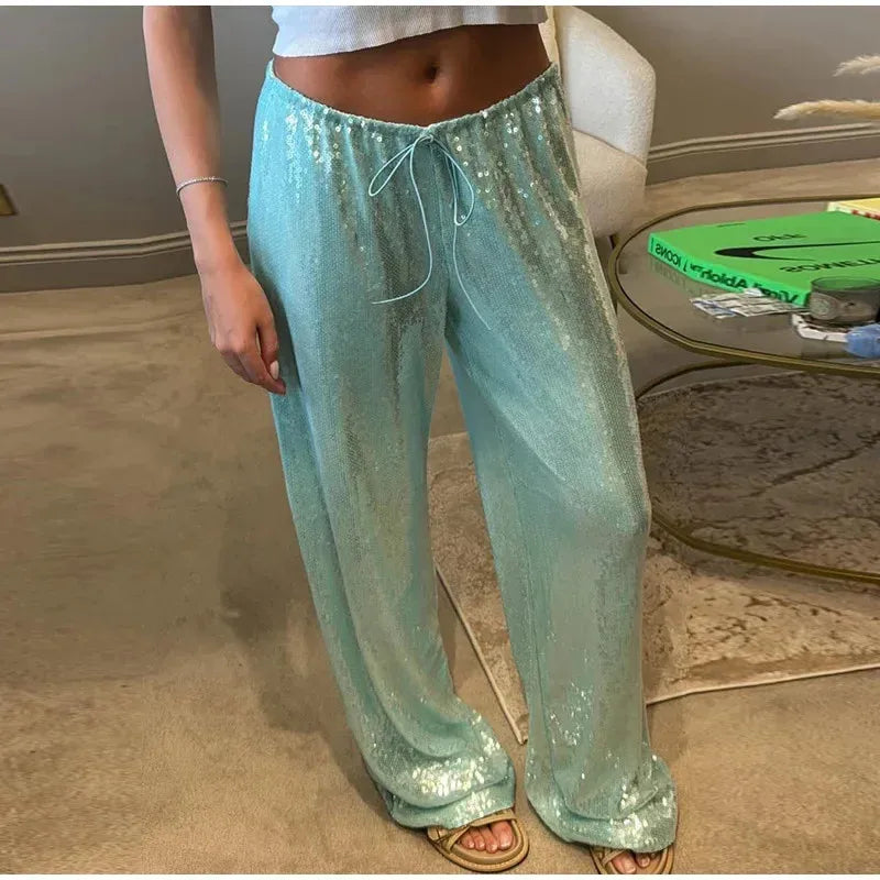 Women Solid Sequined Straight Pants Loose High Waist Wide Leg Trousers Lady Summer Chic Y2K High Street Pants
