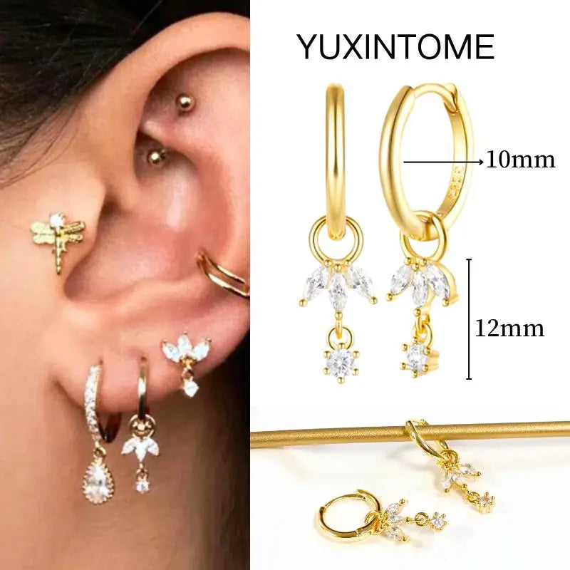 White Color Zircon Hoop Earrings 925 Sterling Silver Needle Cross/Star/Flower/Water Drop Pendant Gold Earrings Luxury Jewelry