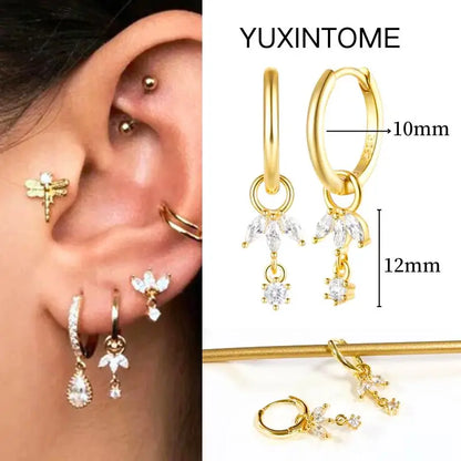 White Color Zircon Hoop Earrings 925 Sterling Silver Needle Cross/Star/Flower/Water Drop Pendant Gold Earrings Luxury Jewelry