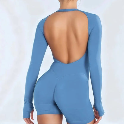 HISTELLO Impact Long Sleeve One Piece Jumpsuit Women Backless Slim Fit Elastic Tummy Control Yoga Gym Sports Workout Bodysuit