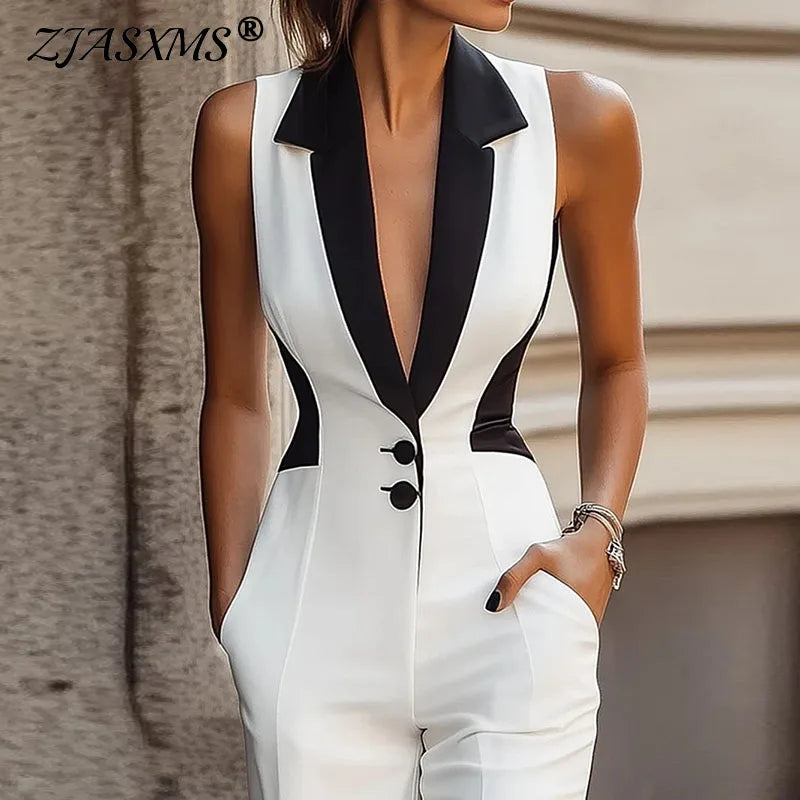 Elegant Color Block Notched Collar Blazer Jumpsuit Woman Spring Button High Waist Slim Rompers Summer Sleeveless Pocket Overalls