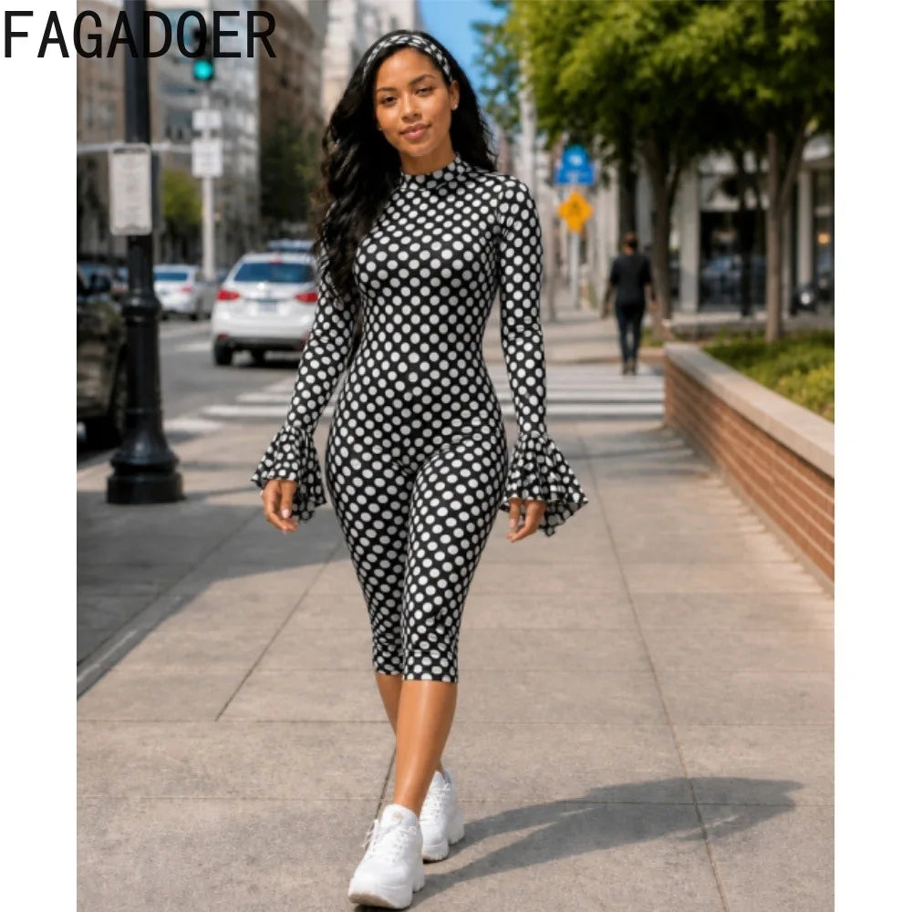 FAGADOER New Polka Dot Jumpsuits Women Autumn Long Flare Sleeve Rompers with Headscraft Back Hollow Out Sexy Bodycon Streetwear