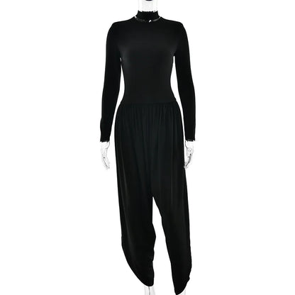 TWOTWINSTYLE Sexy Hot Girl Solid Color Jumpsuits for Women Round Neck Long Sleeve Backless Side Split Streetwear Jumpsuit Female