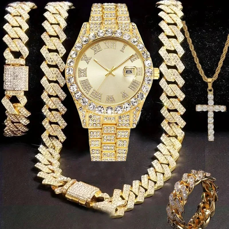 Men Pink Dial Iced Out Watch Jewelry Set Bling Rhinestone Watch Cuban Bracelet Cross Necklace Hip Hop Gift