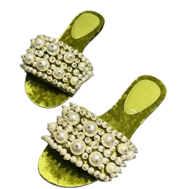 Outdoor Slippers Pearl Decor Flat Slippers Women Flannel Open Toe Slides Slip On Luxury Sandals Elegant Comfortable Summer Shoes