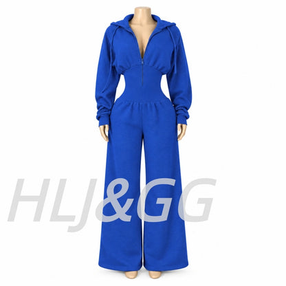 HLJ&GG Autumn Light Fleece Hooded Wine Leg Pants One Piece Jumpsuits Women Zipper Long Sleeve High Waist Sweat Sport Sportswears