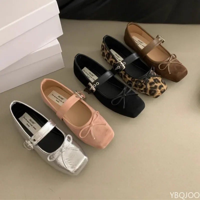 Women's square toe Shoes New Luxury Bow flats Ladies ballet silver belt buckle footwear Elegant fashion Mary Jane shoes Zapatos