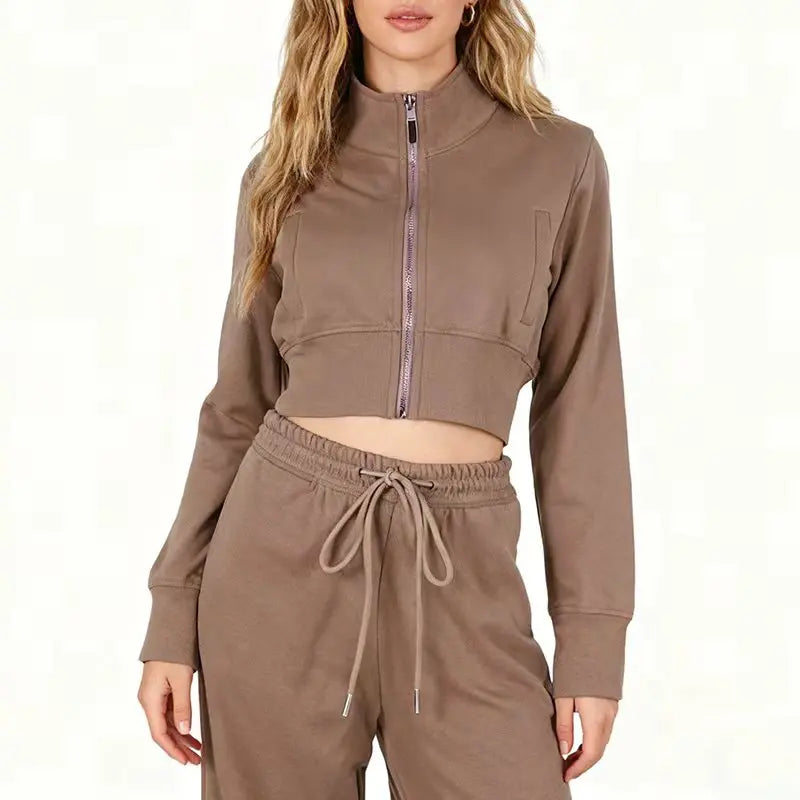 Streetwear Cool Cropped Zip Up Sweatshirt Two-Piece Set for Women Sport Tops with Elastic Waist Drawstring Wide-Leg Pants Suit