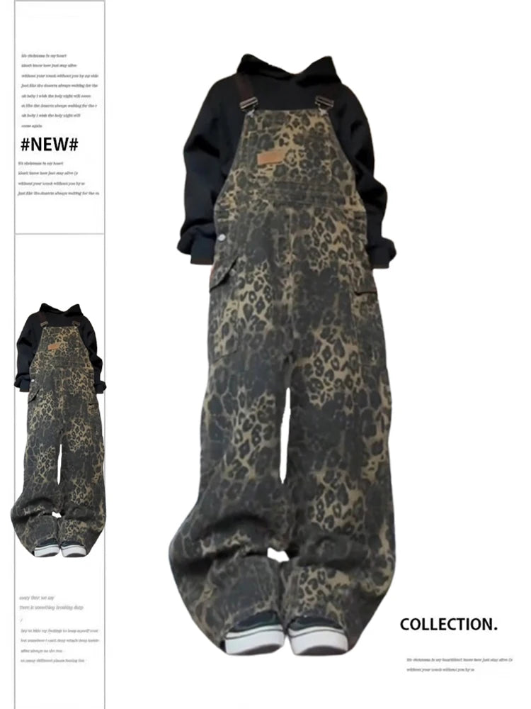 Women's Vintage Leopard Jumpsuits Denim Jumpsuit Y2k Harajuku Overalls Korean Streetwear High Waist Wide Jean Pants 90s Clothes