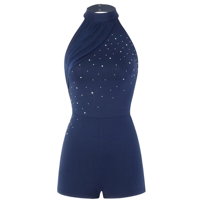 Backless Romper for Women Fashion Rhinestone Party Jumpsuit Halter Mesh Rompers for Casual Beach Bodysuit Lady Short Jumpsuits