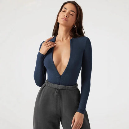 New Women's Jumpsuits Ribbed Long Sleeve Bodysuit Front Zip V Neck Bodycon Tops Stretchy Slim Fit Casual Streetwear for Daily