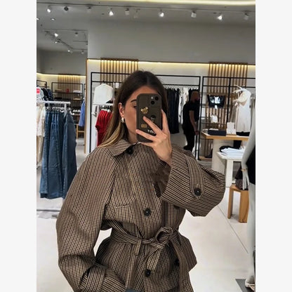 Long Sleeve Plaid Cropped Trench Coat Women Lapel Double Breasted Belted Waist Loose Checkered Short Jacket Lady Autumn Coats