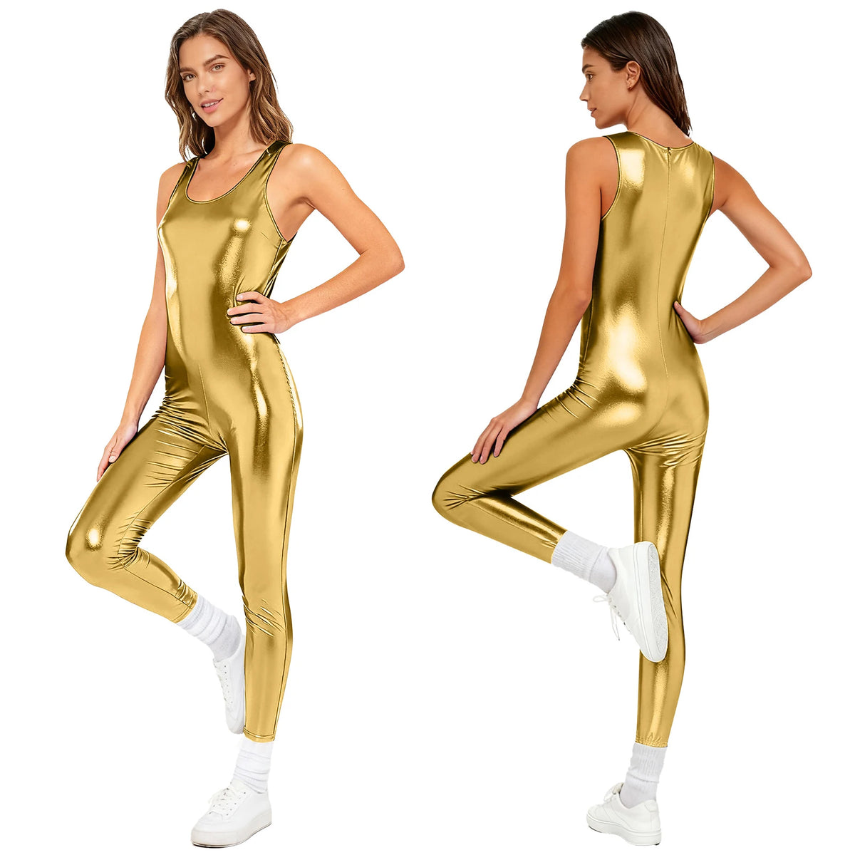 Women Shiny Slim Fit Gymnastics Pole Dancing Jumpsuits Sleeveless Pencil Pant Bodysuit for Yoga Workout Stage Dance Leotards