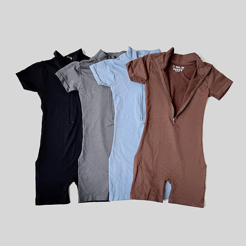 Summer Short Sleeve Zipper Jumpsuit Sports Wear Gym Fitness Sports Bodysuits Women Running Fashion Workout Clothes