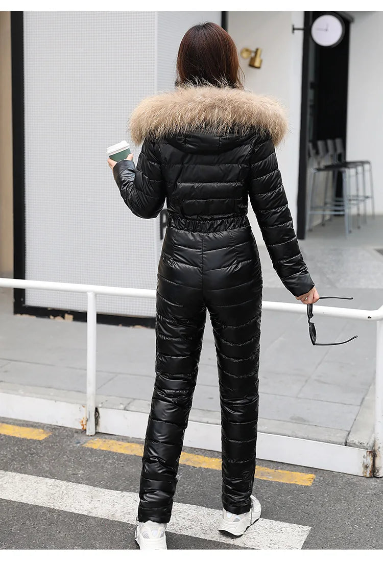 Jumpsuits One Piece Ski Suit Winter Thicken Snow Place Down Cotton Women Suits Warm Hooded Waist Slim Shiny Outdoor Sports