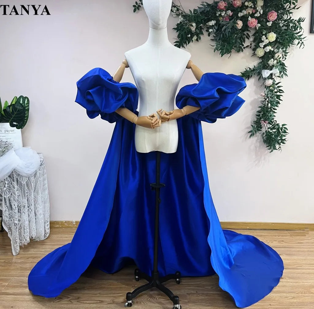 Red  Mikado Satin Long Wedding Cape Puffy Short Sleeves Court Tain Evening Cape Outfit Coat For Women Costume DJ199